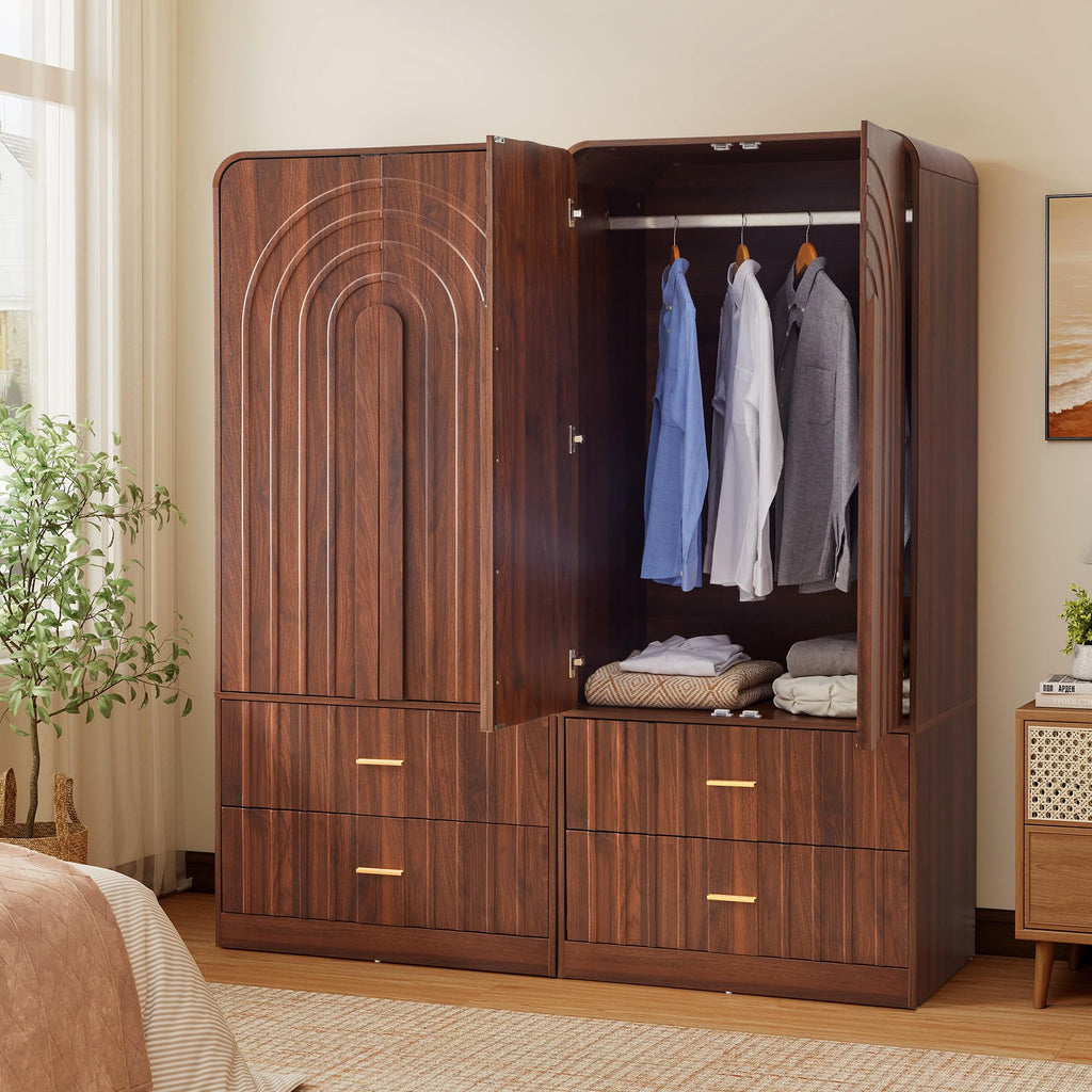 Freestanding Armoire Wardrobe Closet with Arched Fluted 2 Doors and 2 Storage Drawers, Large Capacity Wardrobe