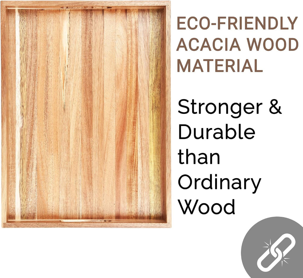 Acacia Wood Serving Tray with Handles (17 Inches) - Decorative Serving Trays Platter for Breakfast in Bed, Lunch