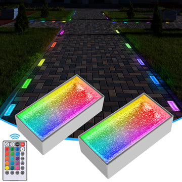 Solar Paver Lights 4x8, RGB + Warm White Recessed Brick Light, IP67, 2 Pack