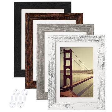 5x7 Picture Frame Distressed Farmhouse Wood Pattern Set of 4, Display 4x6 with Mat or 5x7 Without Mat, Multicolour