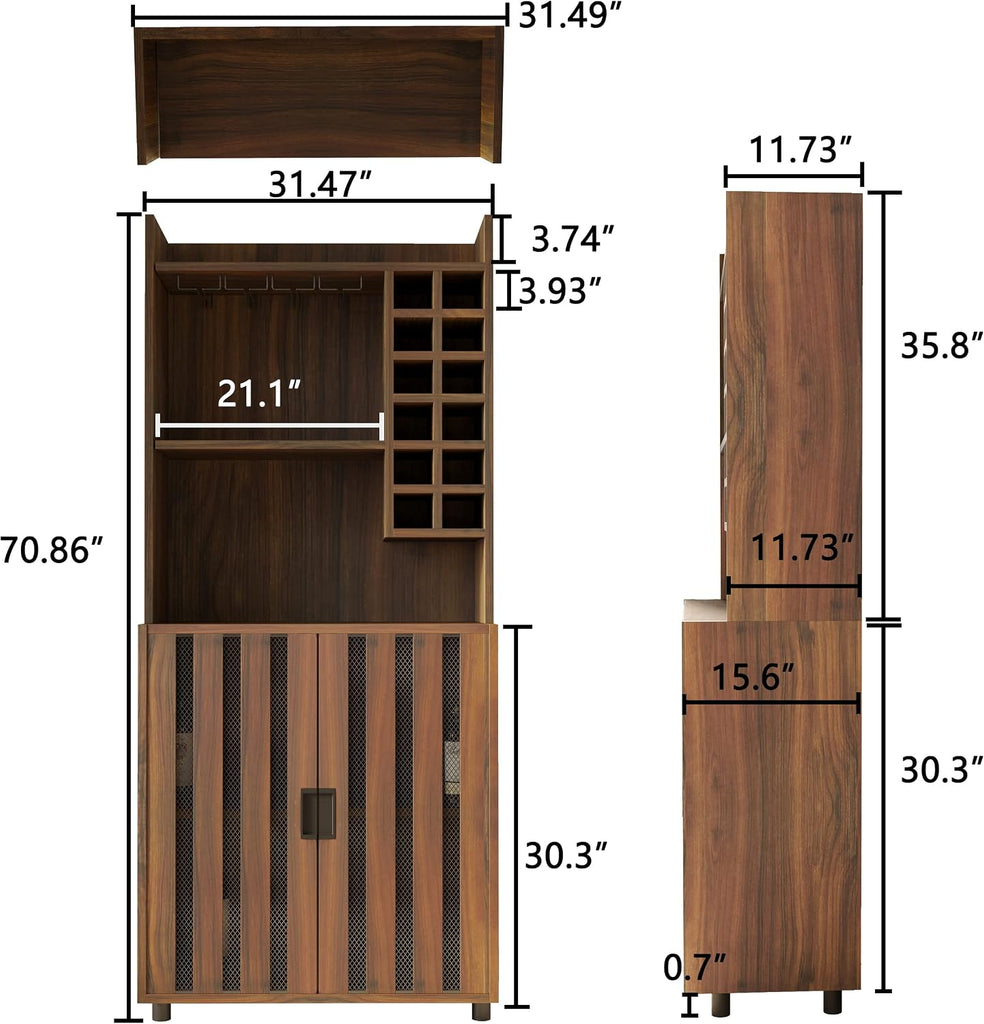 Wine Cabinet with 12 Wine Bottle Racks, 70'' Wine Bar Cabinet Bar Cabinet Tall with Storage, Modern WoodenTall Liquor