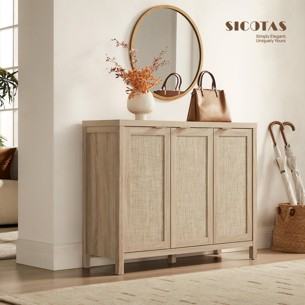Rattan Buffet Cabinet with Storage 87" Sideboard Cabinet with 6 Doors & Adjustable Shelves Wood Sideboard Credenza