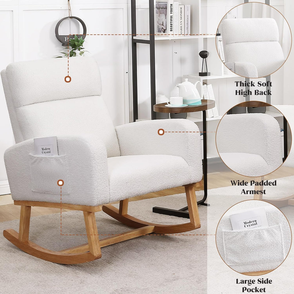 Rocking Chair Nursery, Sherpa Nursing Rocking Armchair for Mom Nursery Morden Rocker Chair with High Backrest ,Teddy