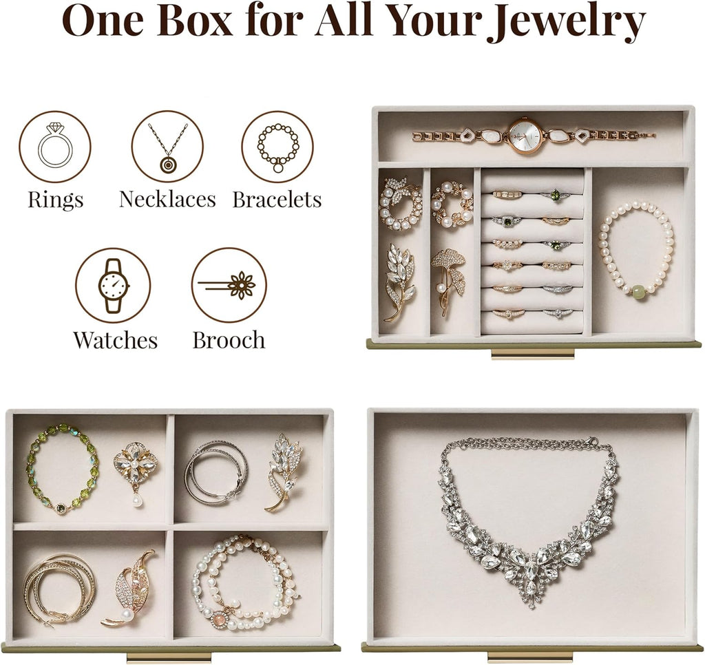 Jewelry Box Organizer Storage Case, 3-Layer with Glass Window, Green