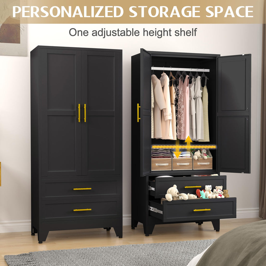 71" Metal Wardrobe Cabinet with 2 Drawers and Hanging Rod Black