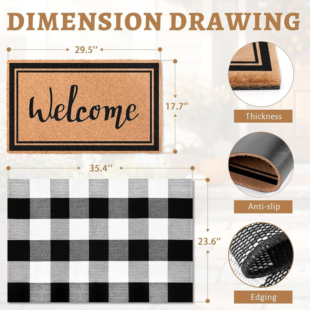 2-Piece Layered Welcome Mat Set - Coir Doormat & Buffalo Plaid Rug | Brown Coir Doormat & Black White Buffalo Plaid