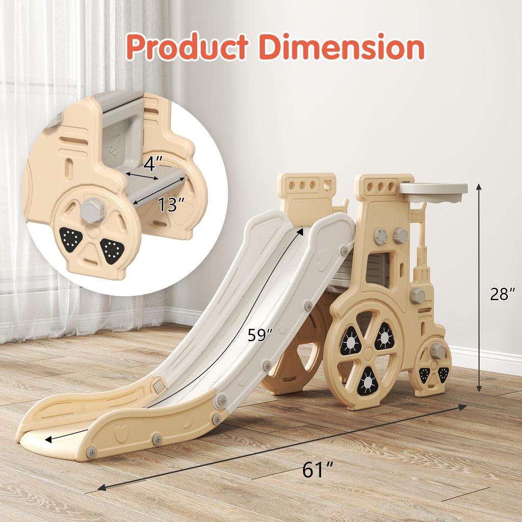 4-in-1 Toddler Slide Playset - Indoor/Outdoor Slide, Basketball Hoop & Climber, Safe Enclosed Steps & Anti-Slip