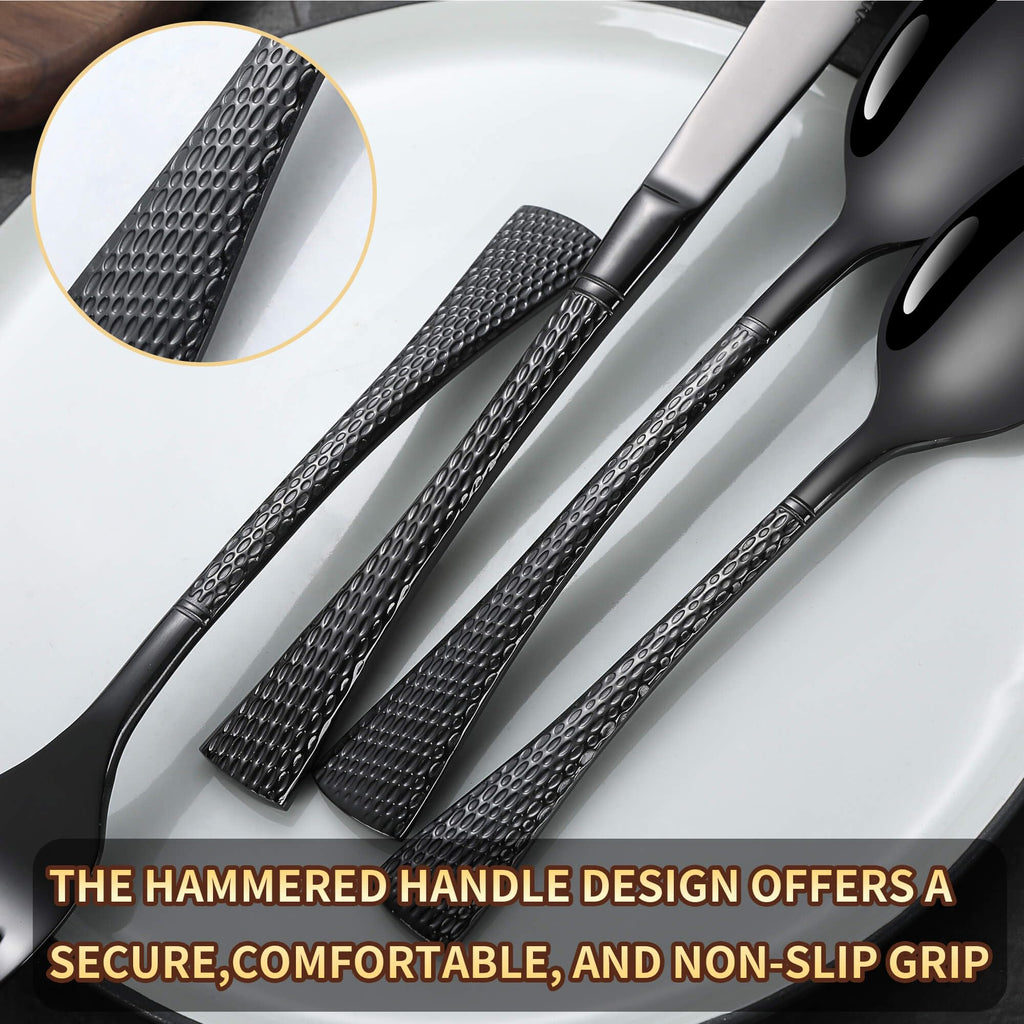Hammered Black Silverware Set,20 Piece Modern Flatware Set Service for 4,Mirror Polished Stainless Steel Cutlery Set