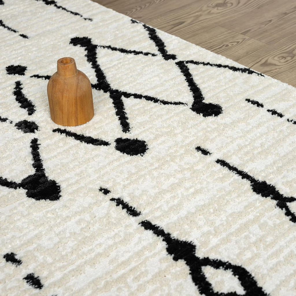 Viva Cream Black Area Rug - 5 x 8, Dining - Modern Moroccan Tribal Design - Soft, Durable, and Easy to Clean