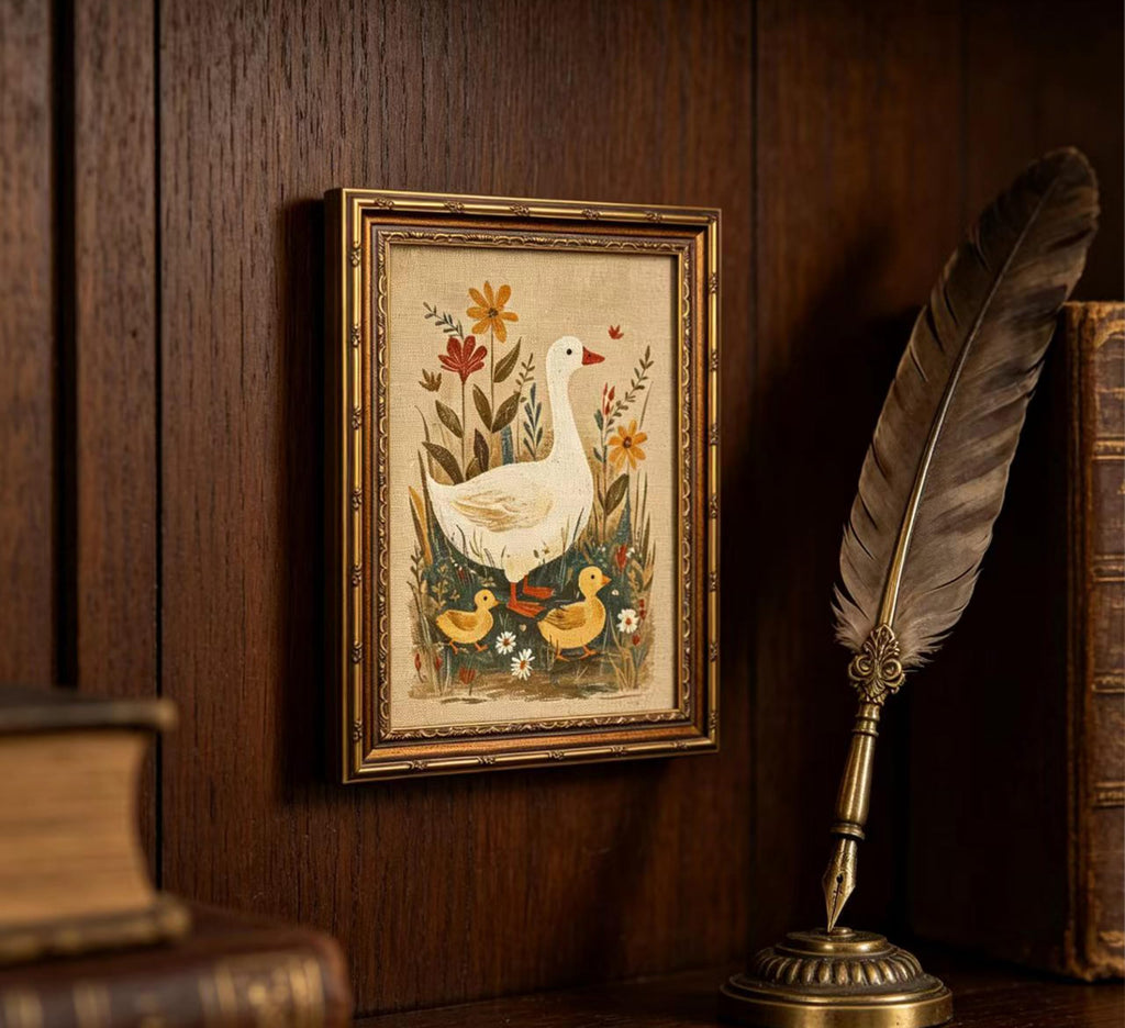 Vintage Gold Framed Goose Wall Art, Retro Floral Farm Animal Oil Painting Canvas Print, Antique Neutral Cottagecore