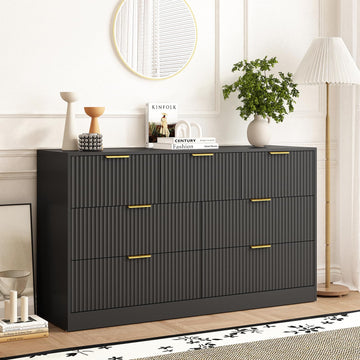 7 Drawer Fluted Dresser with Deep Drawers, Black丨55 Wide Mid Century Dresser, Modern Chest of Drawers, Wood TV Stand
