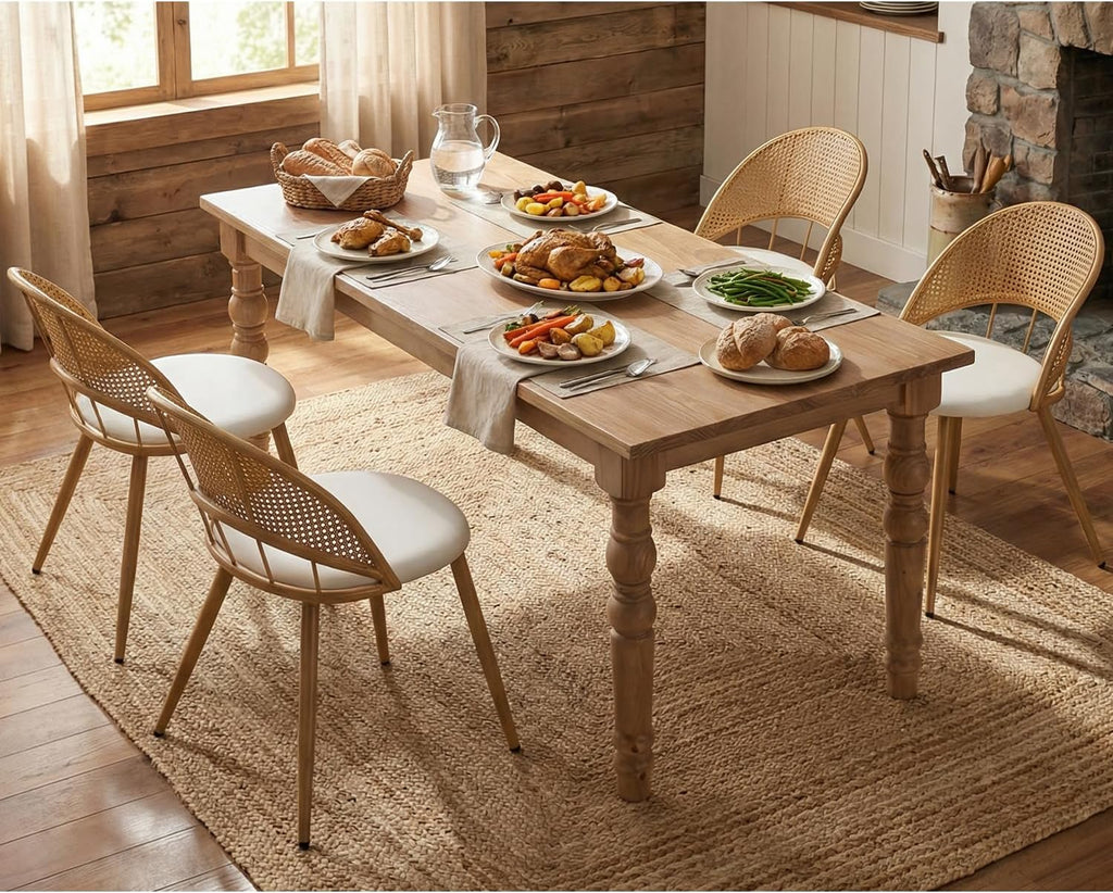 Rattan Dinner Chairs Set of 4 with Faux Leather Cushion, Modern Dining Room Chairs w/Adjustable Foot Pads, Kitchen