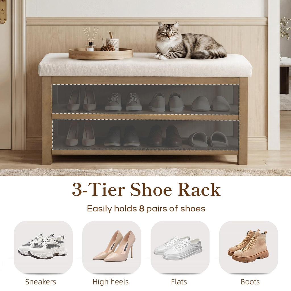 2 Tier Shoe Rack Bench with Cushion, Solid Wood Shoe Benches, Mid-Century Modern Shoe Storage Bench, Closet, Front