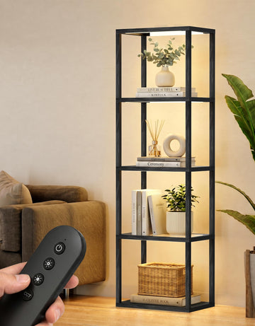 Large Glass Display Shelf with Remote Control, Dimmable LED Floor Lamp with Shelves, Open Display Cabinet, 3 Color