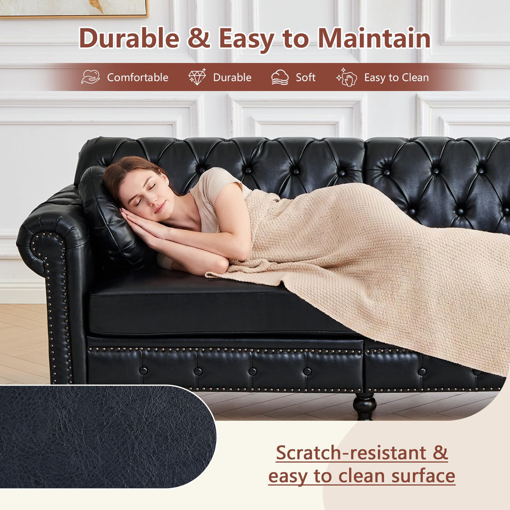 Chesterfield Chair, High Back Modern Faux Leather Couch with Button Tufted, Nailhead Trim, Rolled Arms, Extra Round
