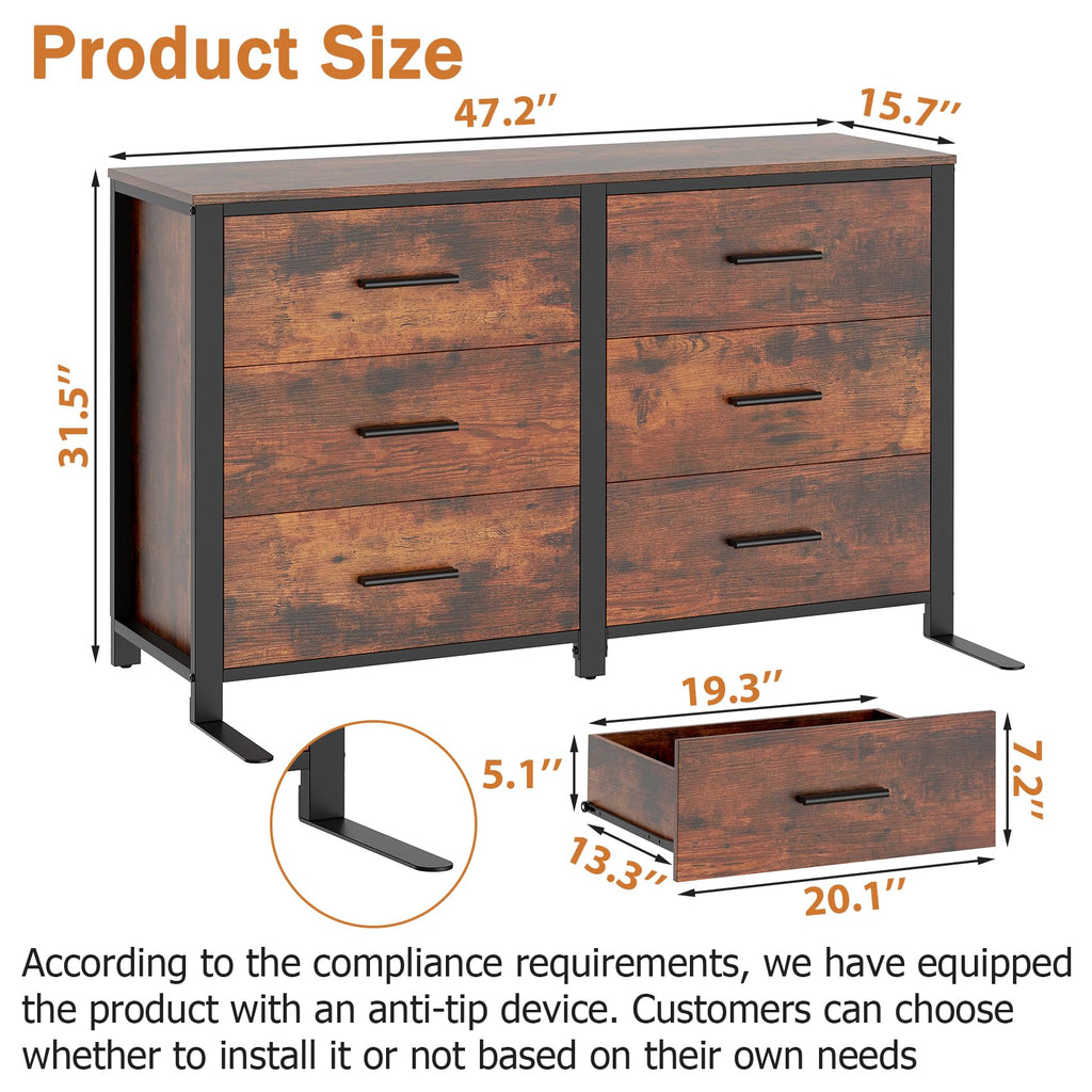 Rustic Brown Dresser, Wide Wood Dressers Furniture with 6 Wooden Drawer and Metal Frame, TV Stand with Deep Drawer