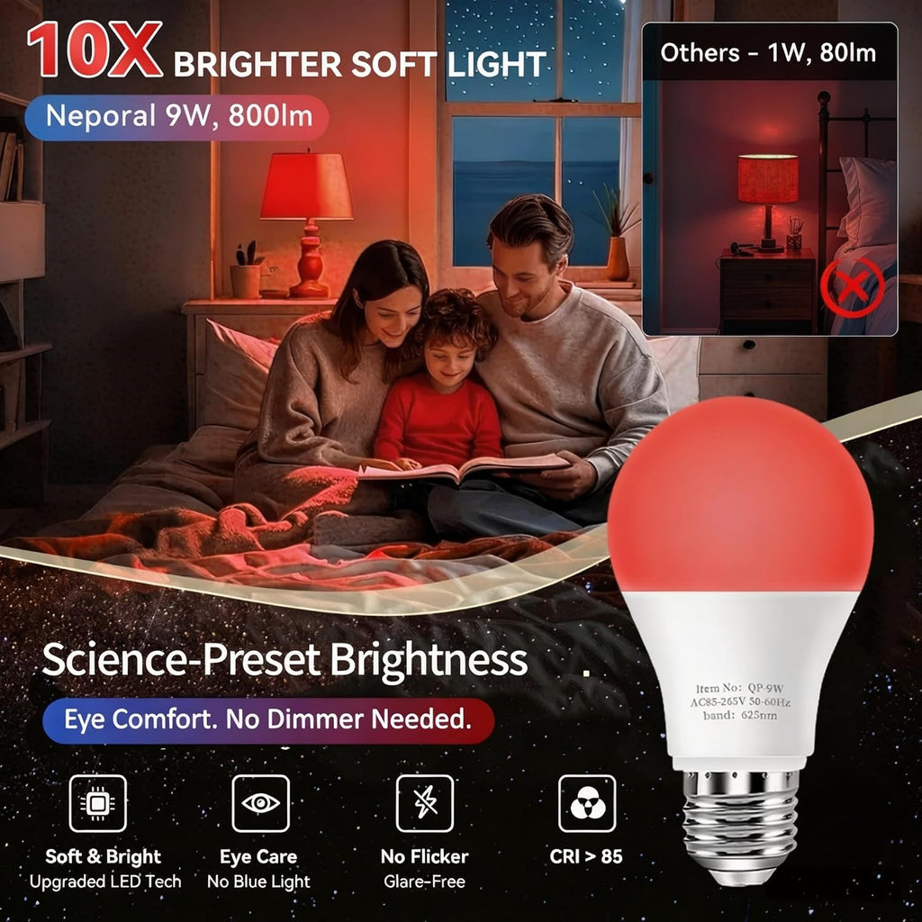 625nm Red Light Bulbs for Sleep, 100% Blue Light Blocking Bulb for Melatonin Promote, A19 LED 9W 60W Red Night Bulb