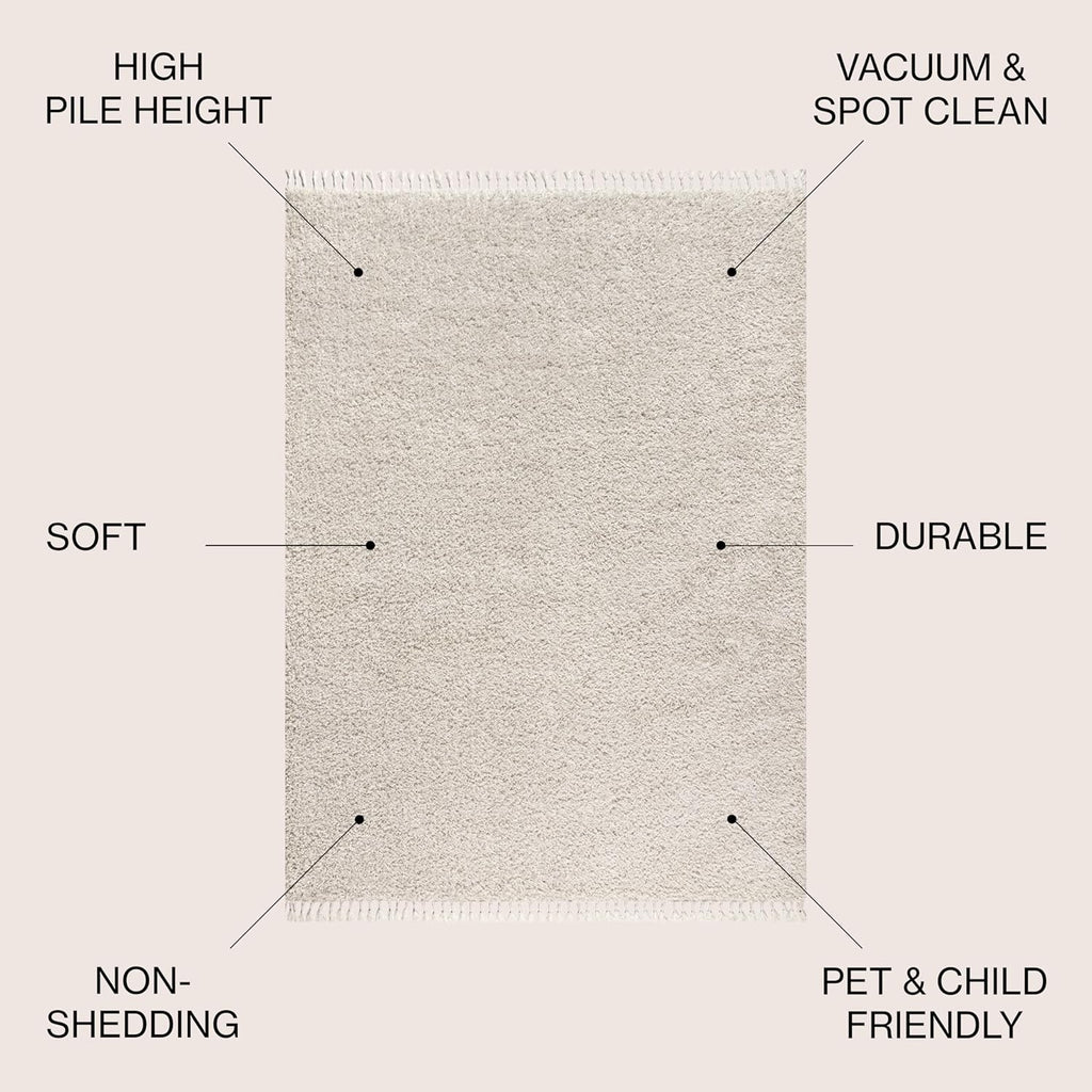 Mercer Shag Plush Tassel Cream Indoor Area Rug, Contemporary, Modern, Easy-Cleaning, Pet Friendly