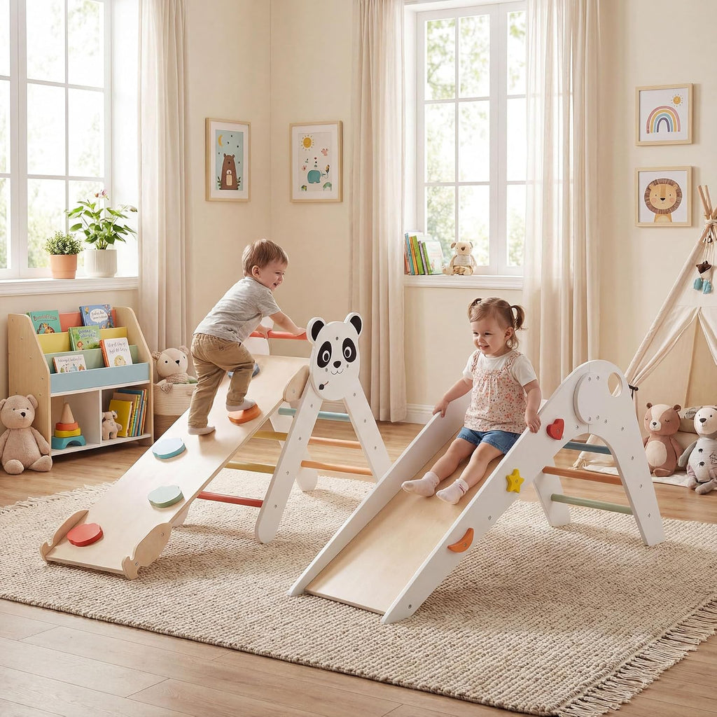 Triangle Set, Panda-Themed Montessori Toddler Climbing Toys Indoor with Ladder, Tunnel, Slide, Ramp, Fun Blocks