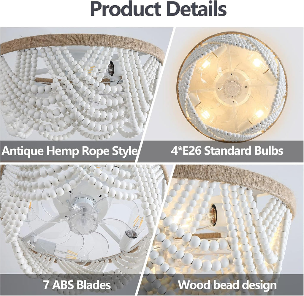 20'' Boho Ceiling Fan with Light Wood Beaded Flush Mount Ceiling Fans with Lights Fandelier Ceiling Fans with Remote