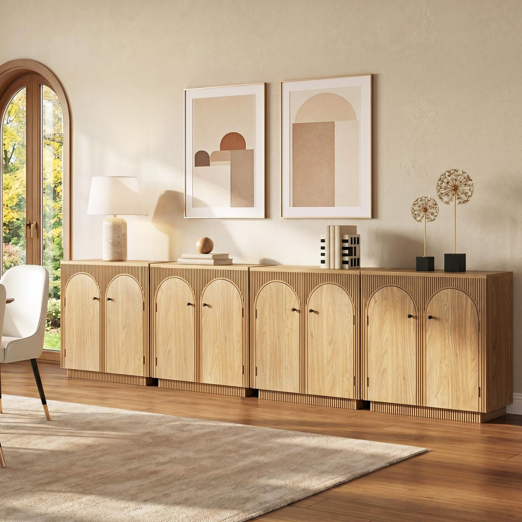 32" Arched Door Sideboard Buffet Cabinet with Storage, Natural Oak