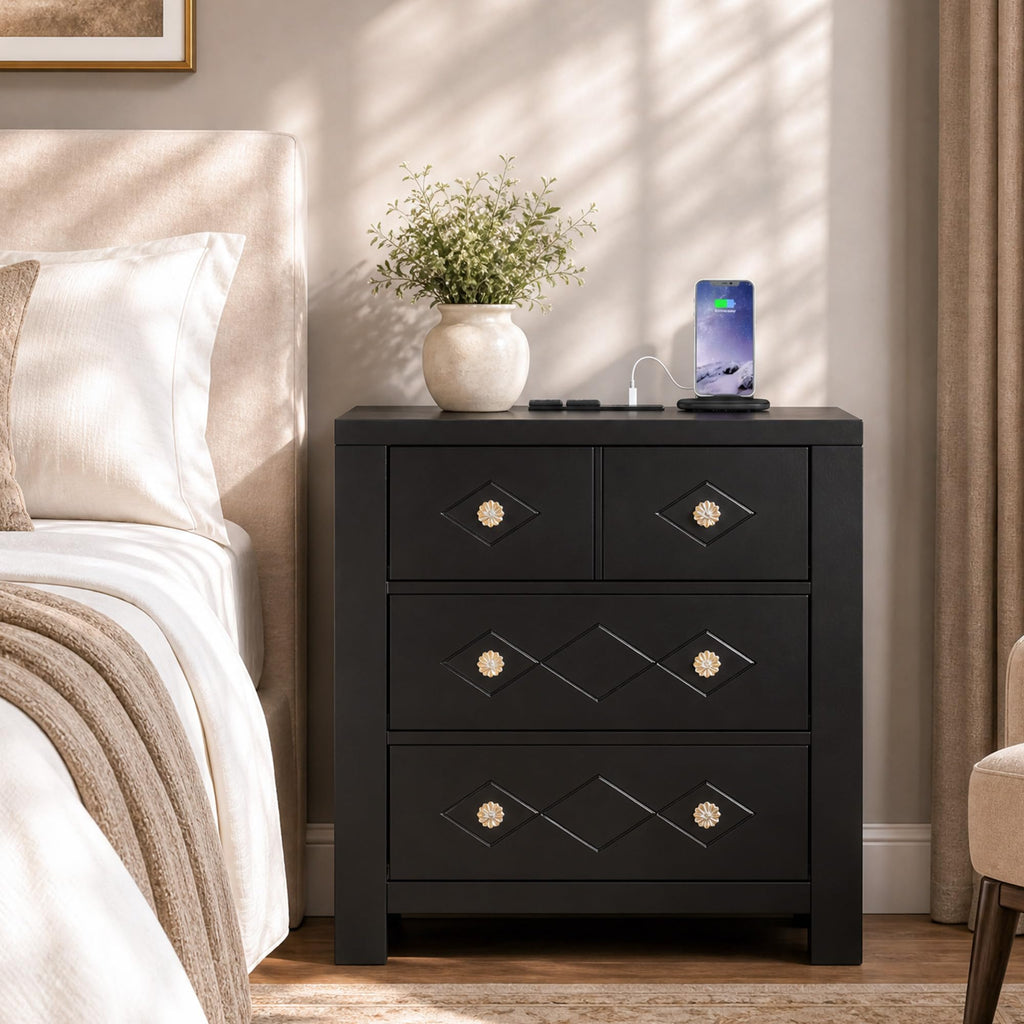 Modern Luxury Night Stand with Charging Station, Painted Bedside Table