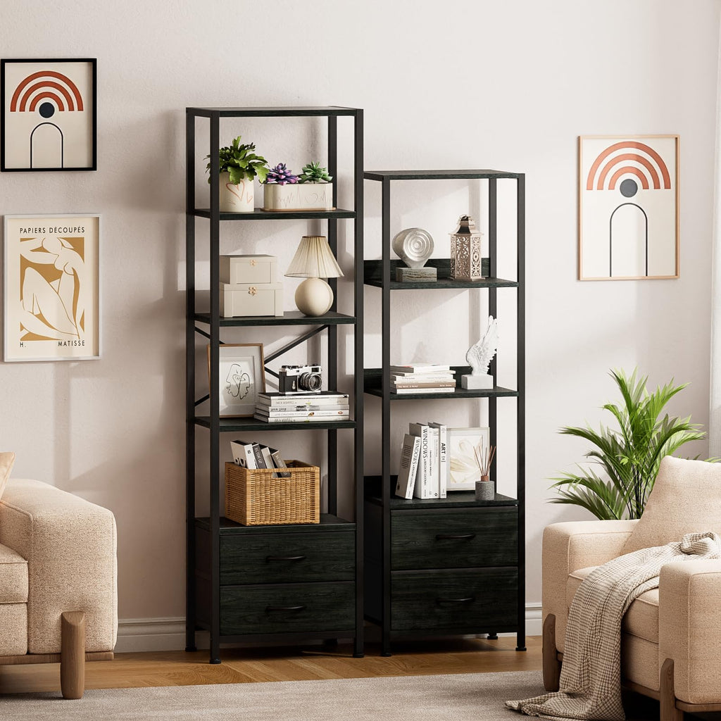 5-Tier Tall Corner Shelf, Narrow Bookshelf with Drawers