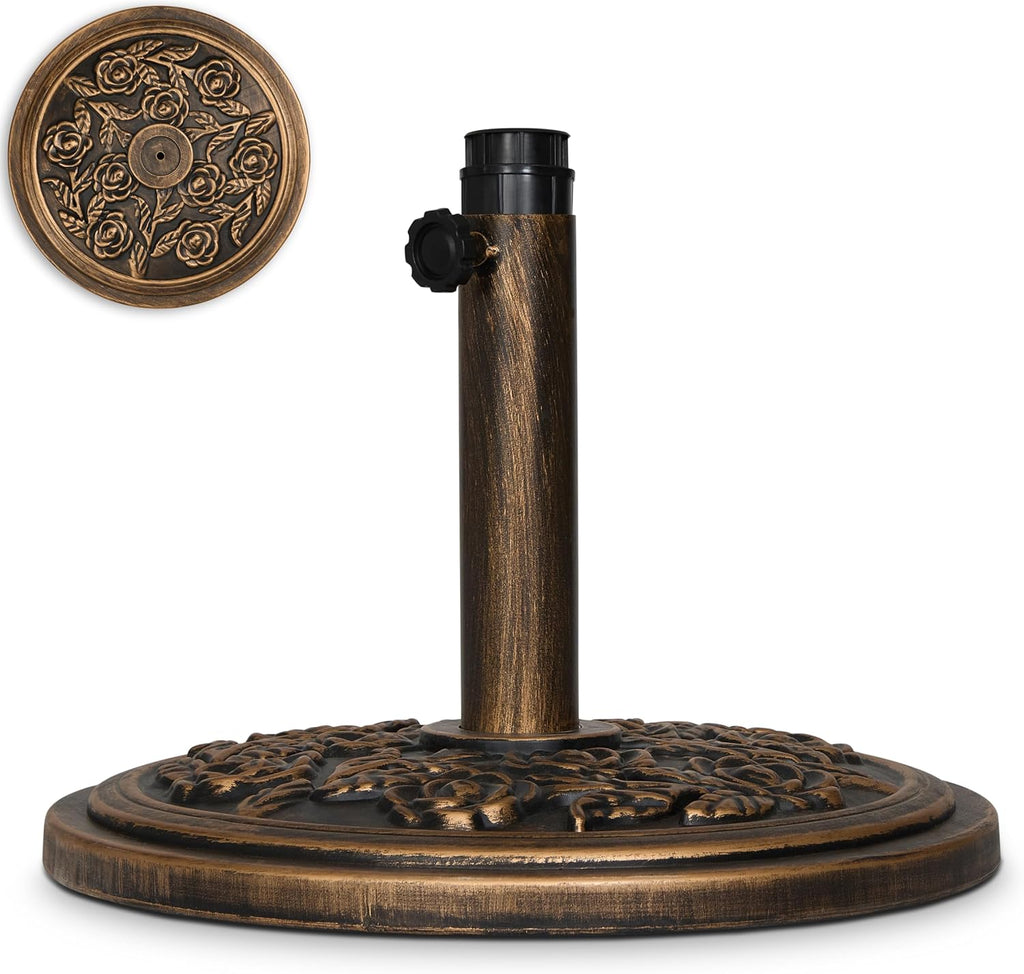 20 lb Patio Umbrella Base Stand, Decorative Rose Medallion Antique Bronze Finish, Fits 1.5-1.9 in Poles w/Adapters