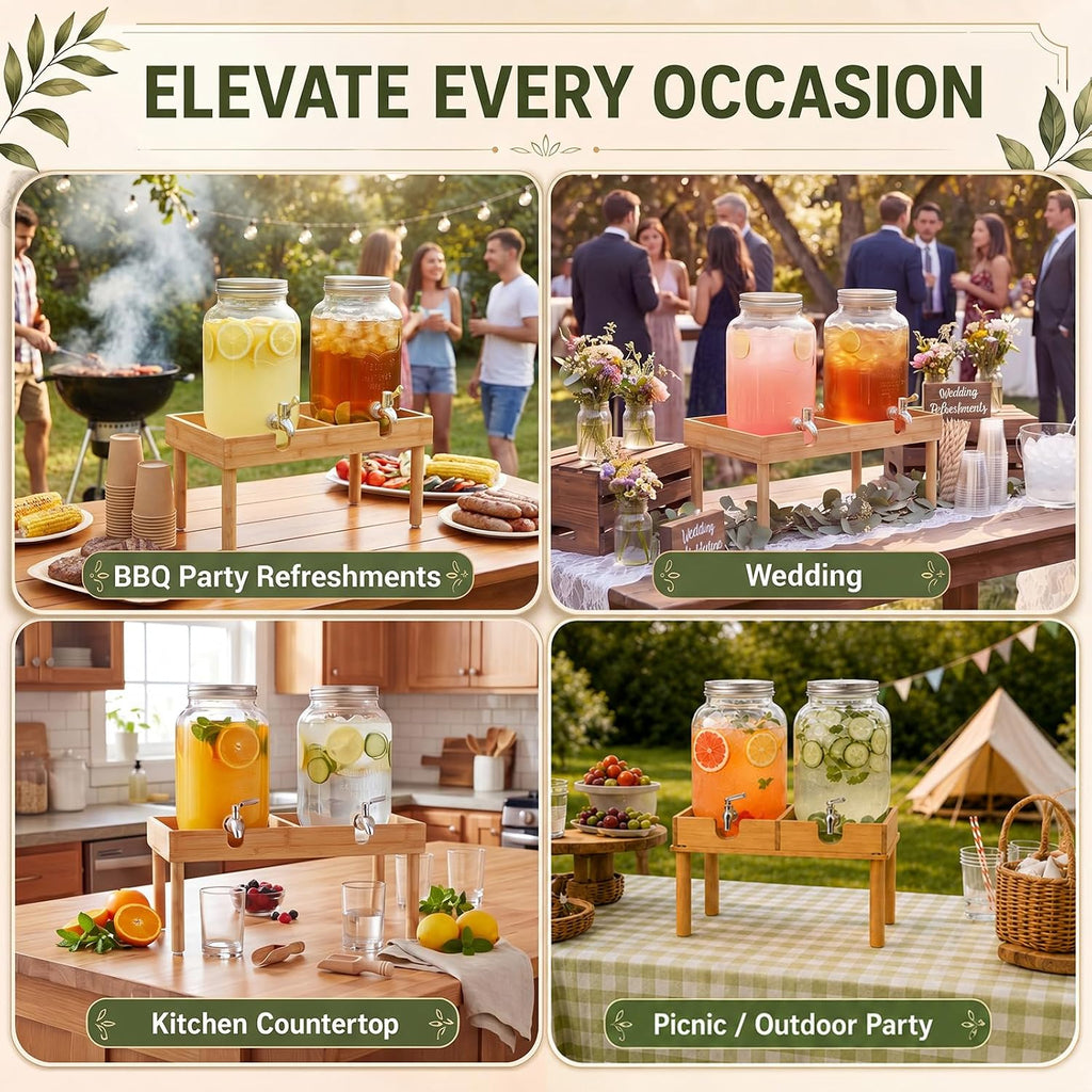 1 Gallon Bamboo Drink Dispenser Stand Beverage Dual Dispenser Stand