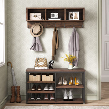 Industrial [Shoe] [Rack] [Bench] with Coat [Rack] Set with Hall Tree, 3 Storage Cubbies, 7 Hooks, 5-in-1Design