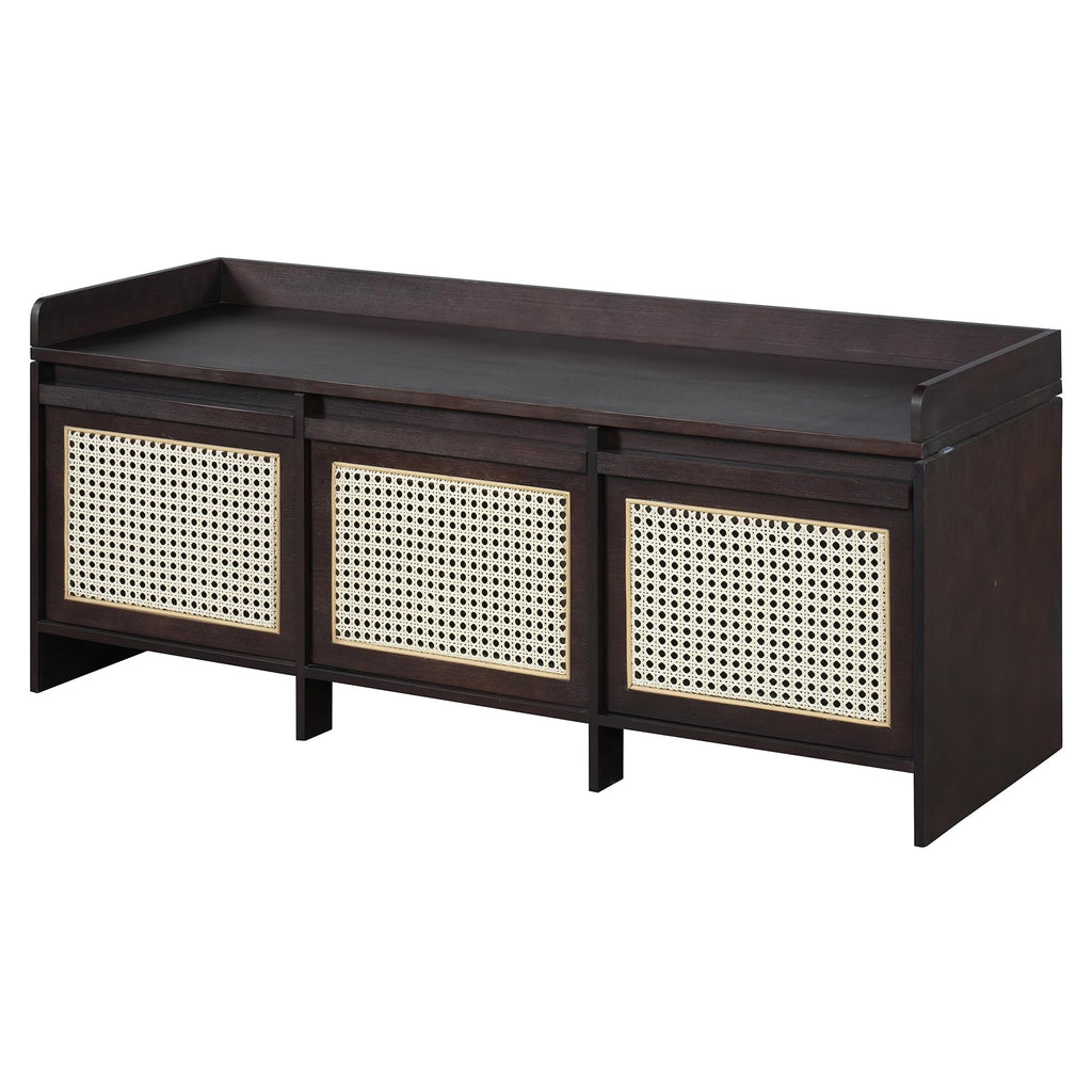 48" Shoe Storage Bench with Cushion, 2-Tier Entryway Bench with 3 Rattan Storage Drawers & Lift Top Storage, Retro