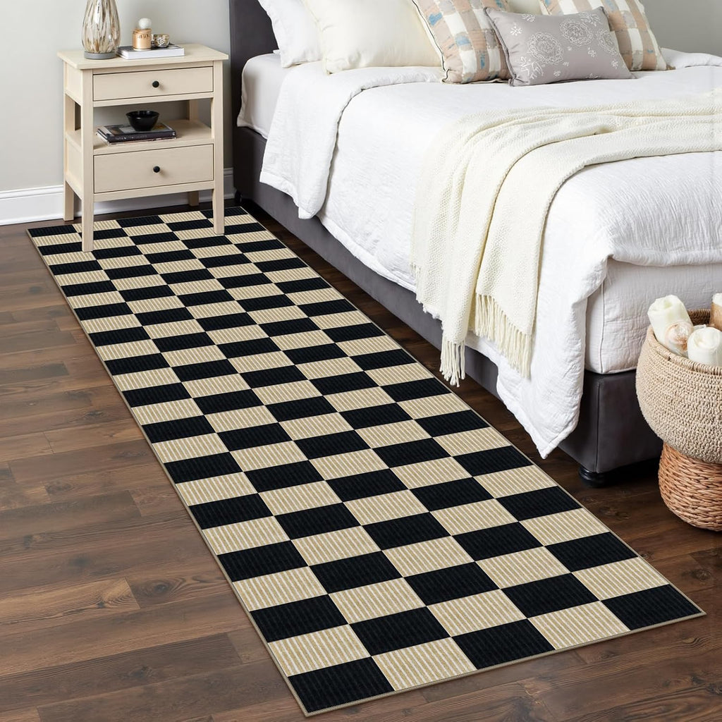 Black and Beige Checkered Runner Rug, 2.6x8 Washable Rug Runners s Non-Slip, Ultra Soft Low Pile Modern Kitchen
