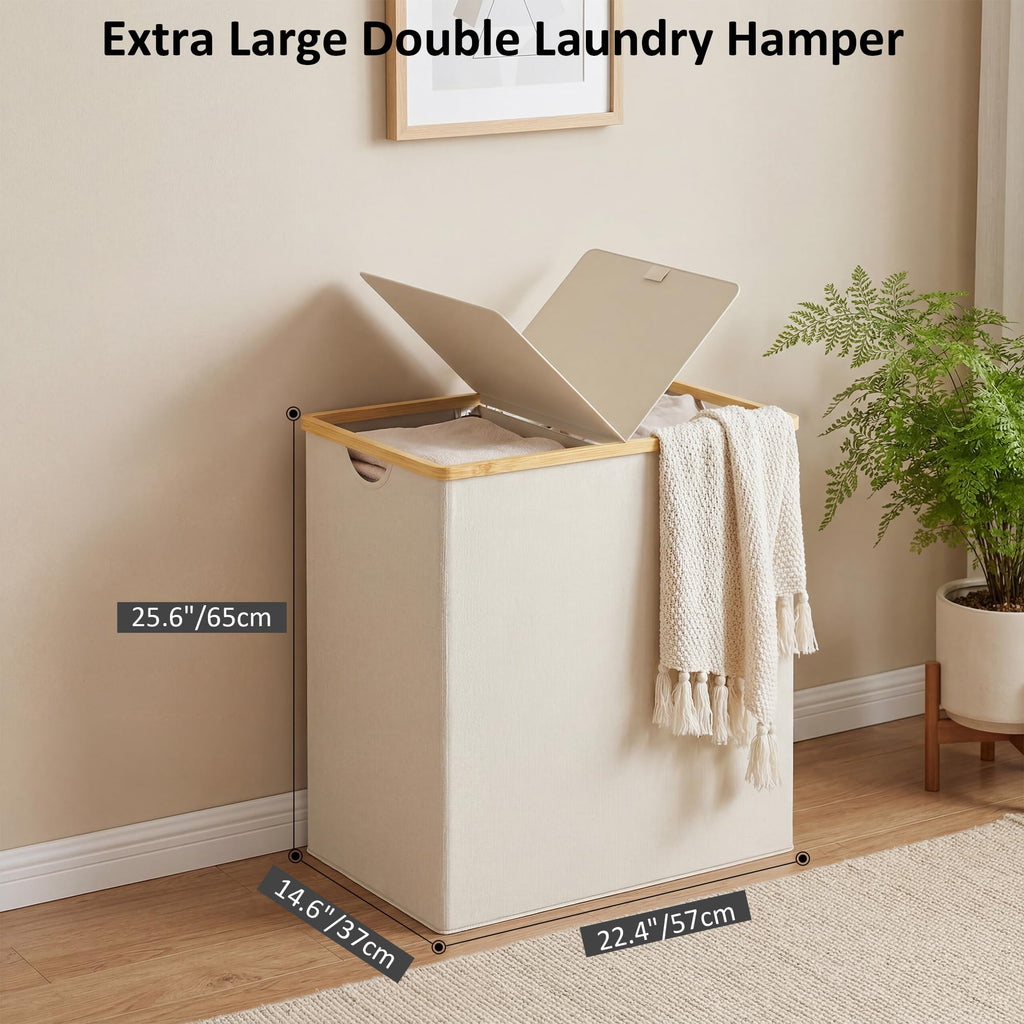 Double Laundry Hamper with Lid and 2 Removable Bags, Beige