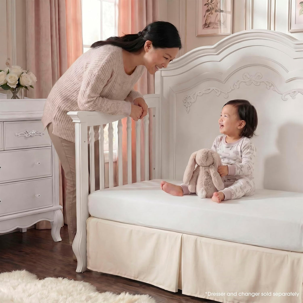 Aurora 5-in-1 Convertible Full Size Baby Crib, Frost White | Wooden Nursery, 3-Position Mattress Support, Converts to
