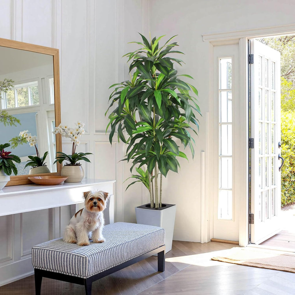 Dracaena Tree with White Tall Planter, 7ft Tall Potted Artificial Dracaena Silk Plant, Fake Yucca Tree Plant, Home