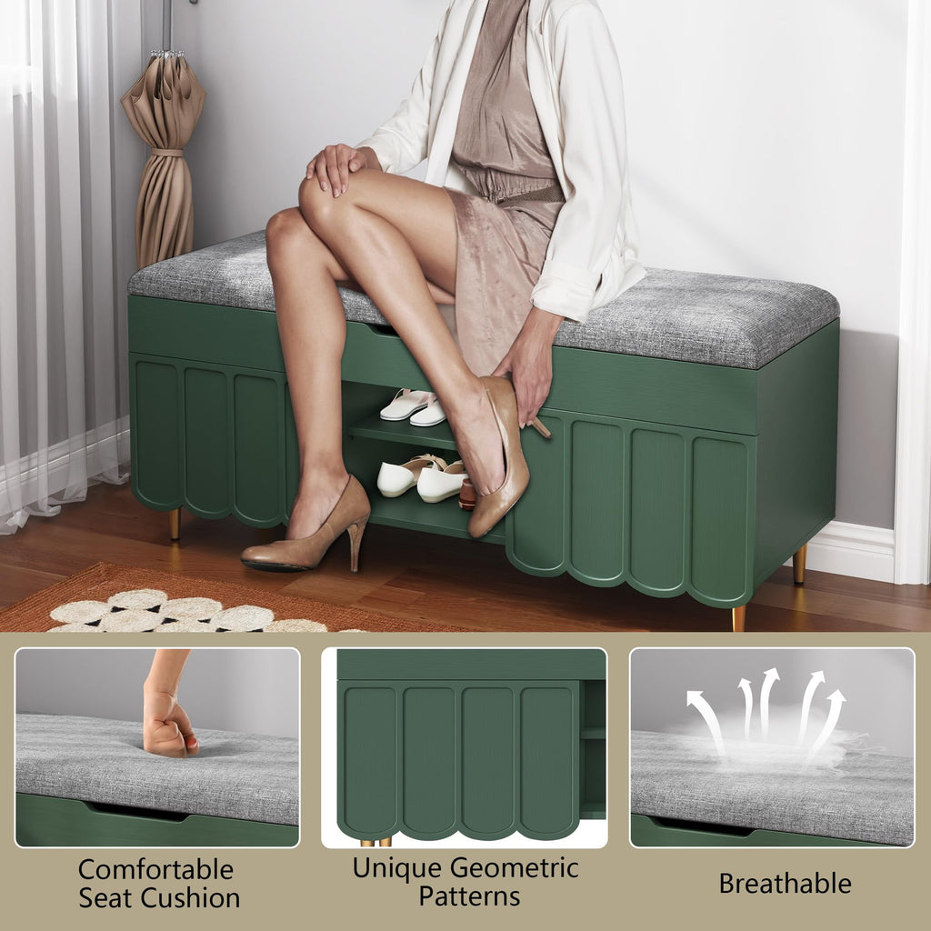 40" Upholstered Flip Top Entryway Shoe Bench, Green