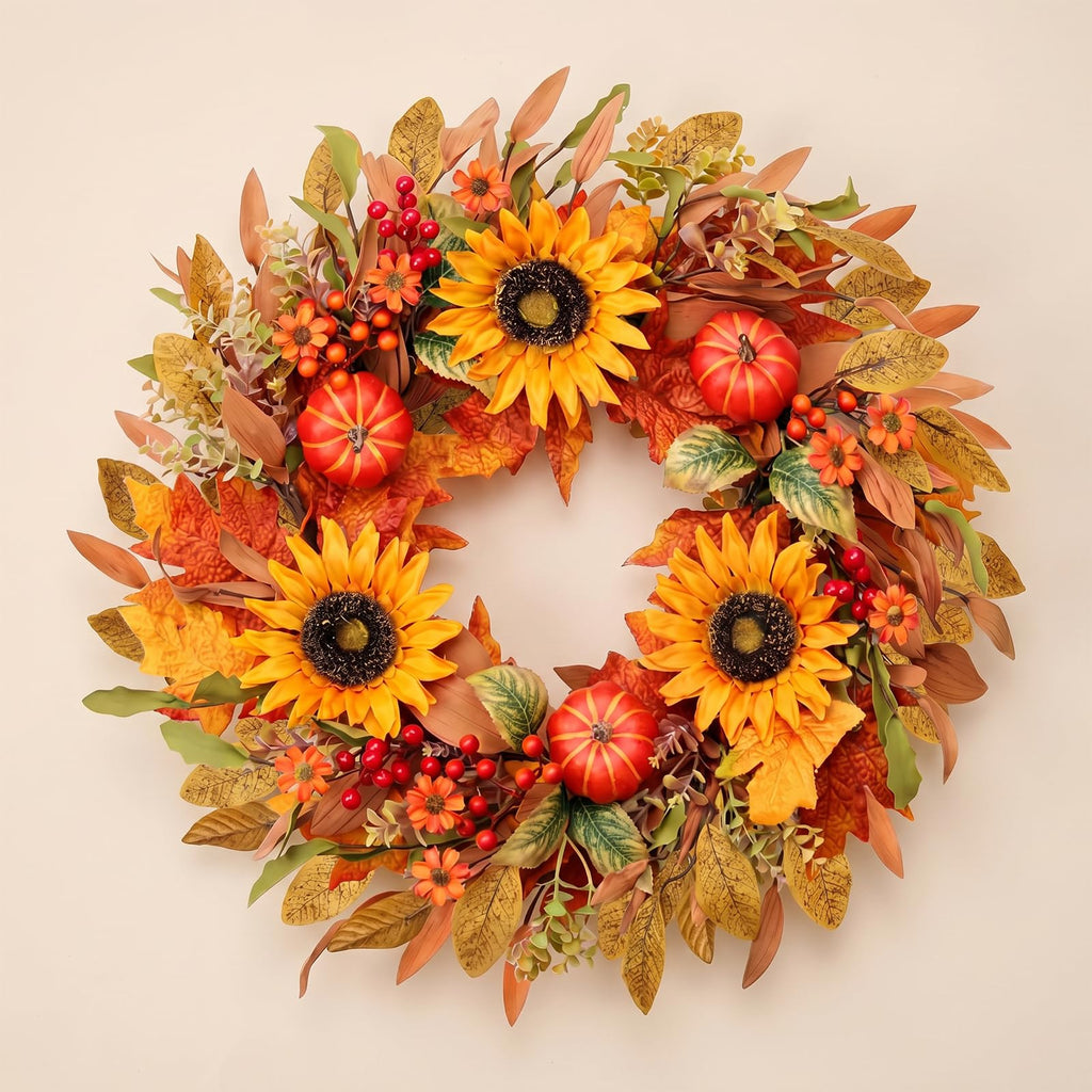 Fall Wreaths for Front Door 24 Inch Artificial Fall Wreath with Orange Pumpkins Berries Maple Leaves and Grapevine