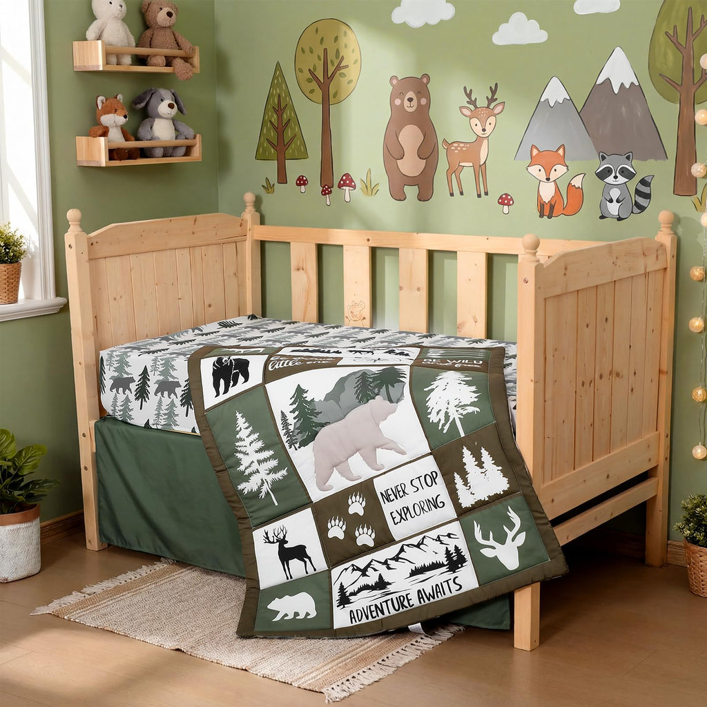 3 Piece Patchwork Woodland Bear Elk Crib Bedding Set for Baby Boys