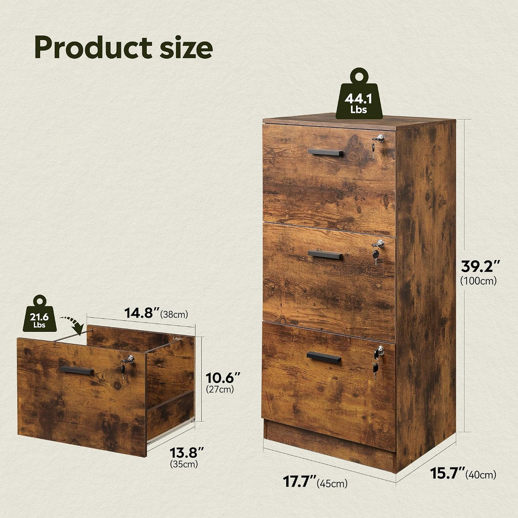 3 Drawer Wood File Cabinet , Fits Letter and A4 Size | Wooden Filing Cabinet with Lock, Vertical File Storage