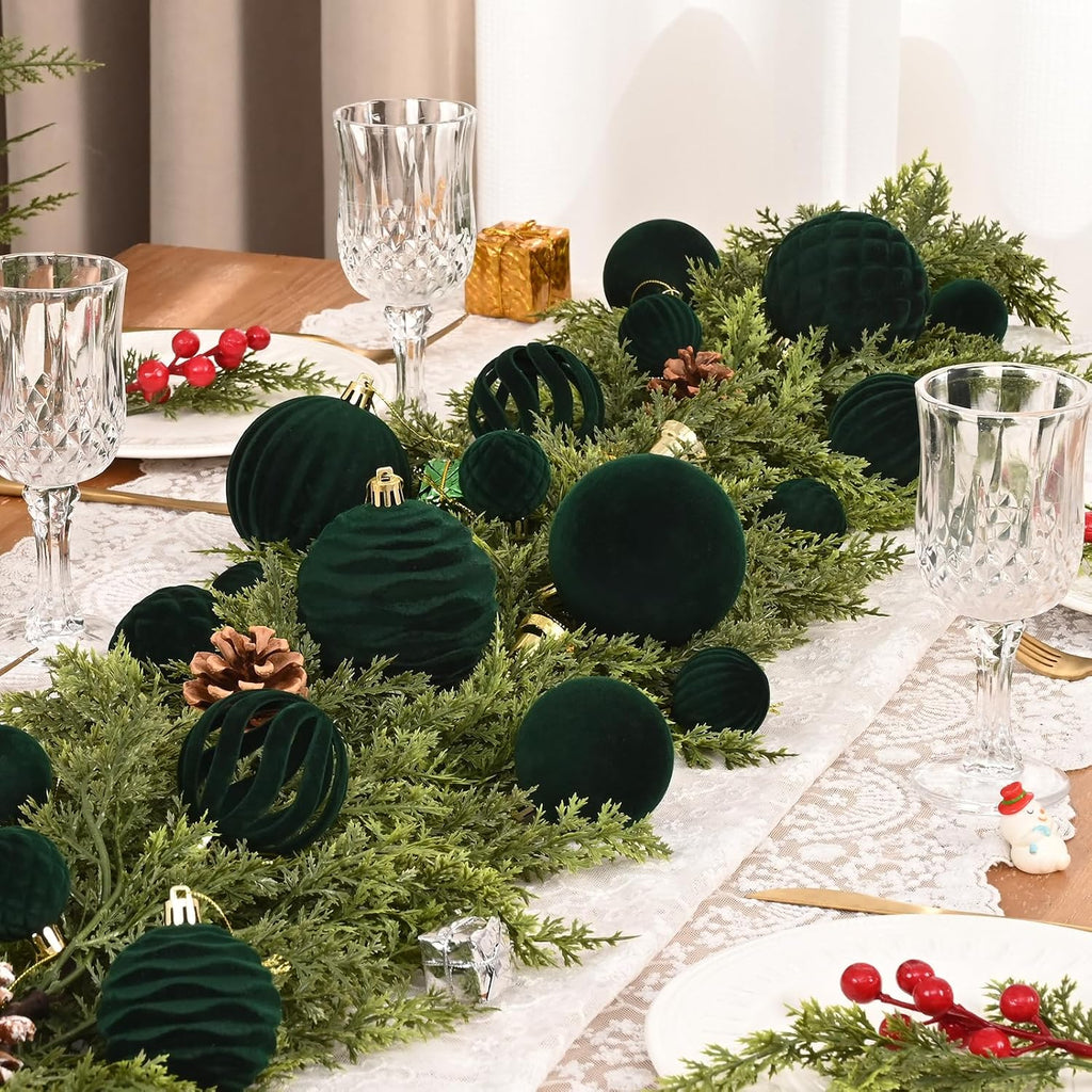 Velvet Ornaments Dark Green Flocked Christmas Ornaments Shatterproof Hanging Ball Set for Xmas Winter Holiday - Set of 38