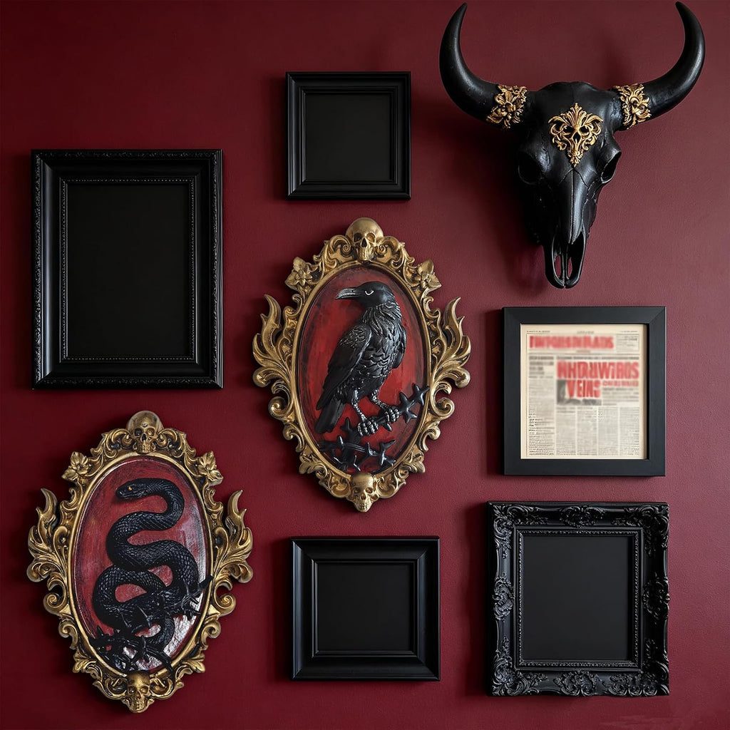 Gothic Raven Resin Wall Sculpture, 3D Crow Wall Decor with Gold Skull Frame