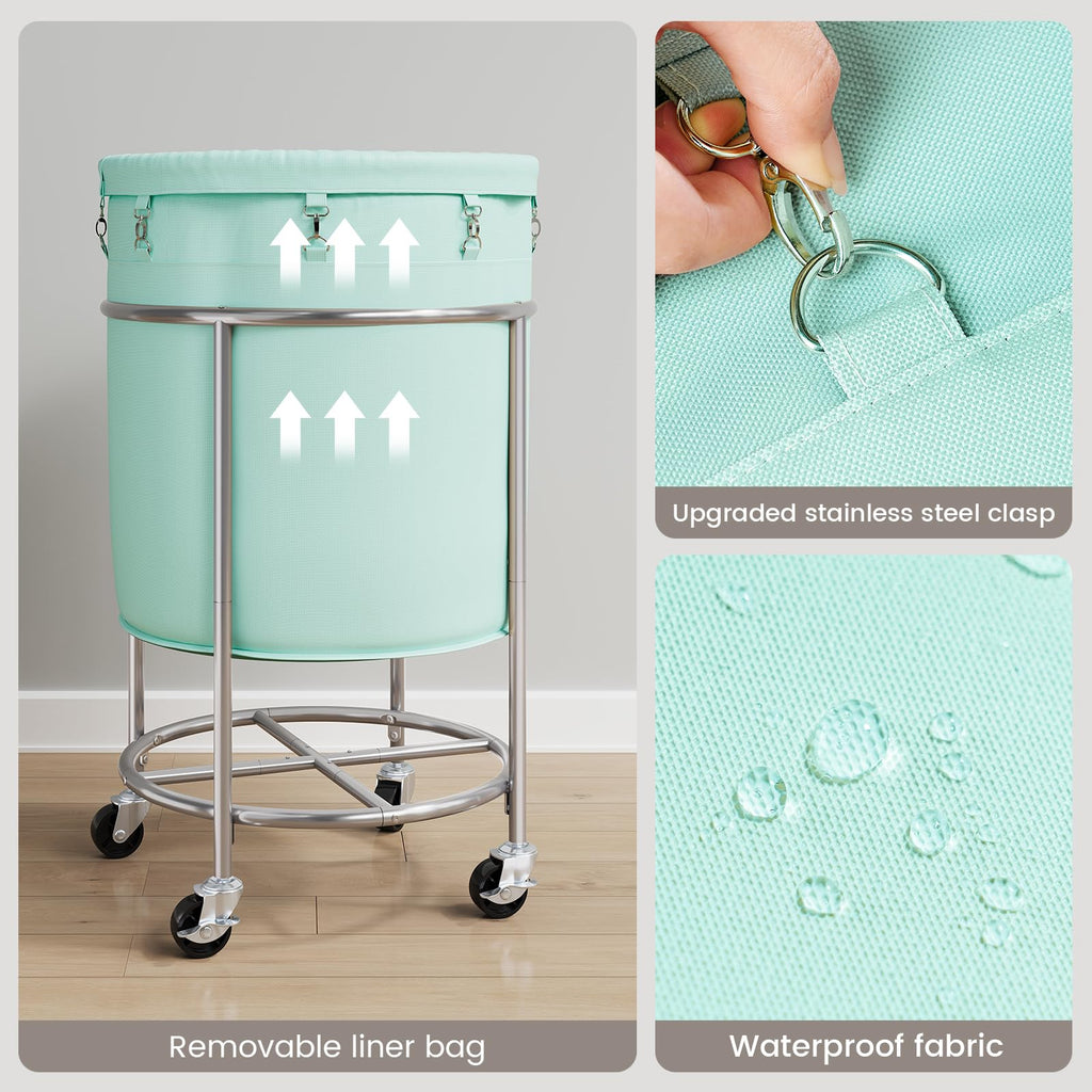 Laundry Basket with Wheels, Round Rolling Laundry Hamper, Mint Green