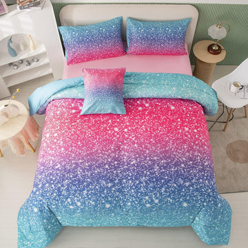 Queen Girls Bedding Set 6 Piece Blue Pink Comforter Set Kids Bed in A Bag Colorful Rainbow Glitter Bed Set Decoration