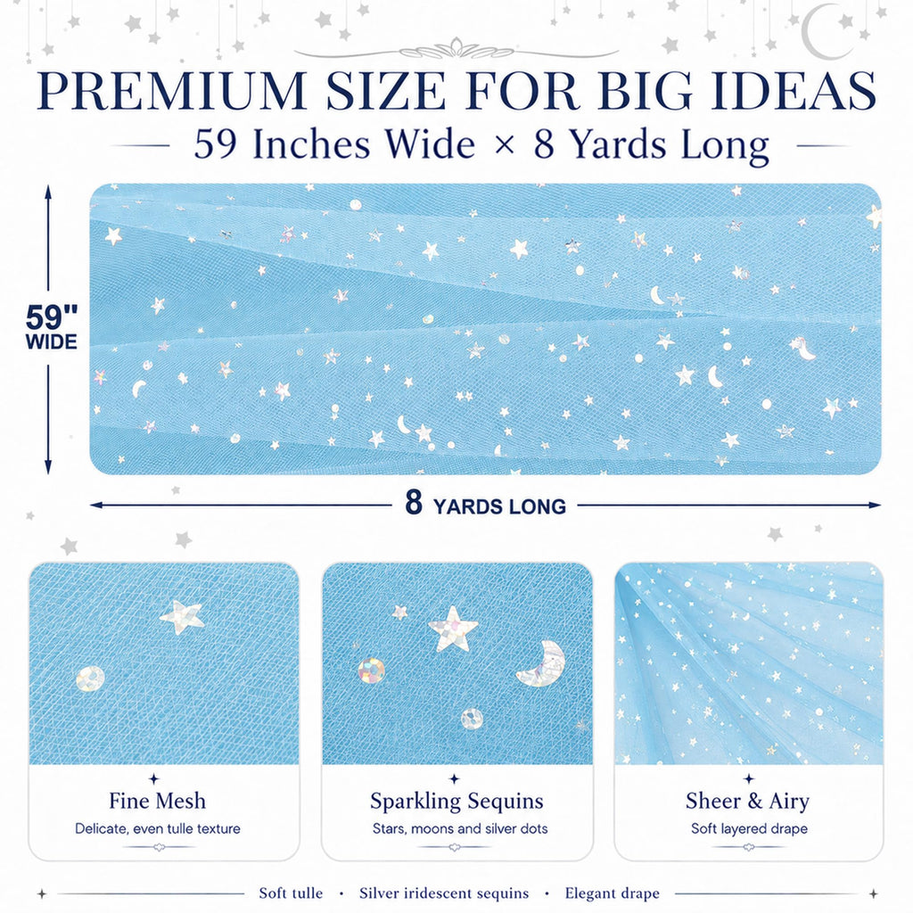 59 Inch x 8 Yard Silver Star and Moon Tulle Fabric, Blue