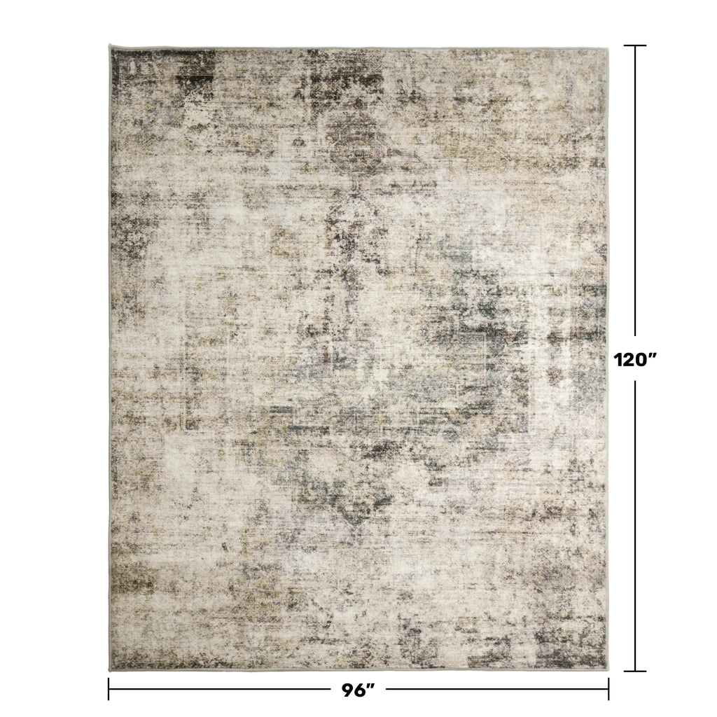 Farmhouse 8x10 Washable Area Rugs, Neutral Taupe Brown Abstract Rug, Soft Foldable Low Pile Carpet, Stain Resistant