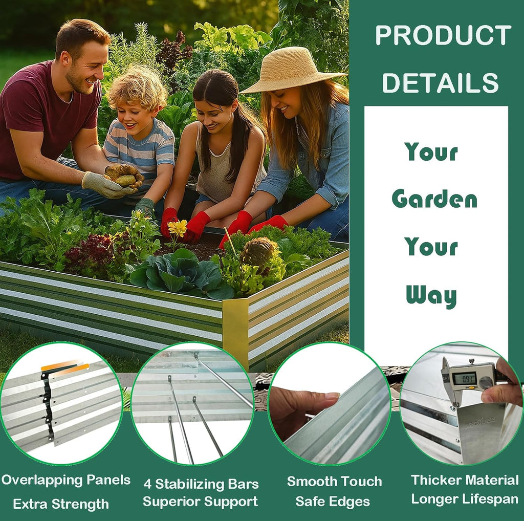 Galvanized Raised Garden Bed 8x4x1ft Single Unit | Above Ground Planter Overlap Panels No-Deform, Anti-Rust