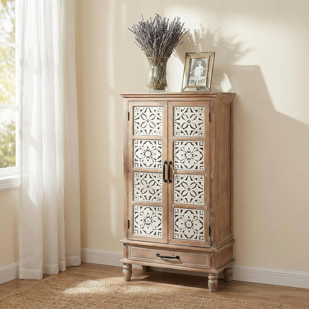 55" Tall Carved Accent Cabinet,Solid Wood Sideboards Buffet Cabinet | French Country Narrow Carved Accent Storage