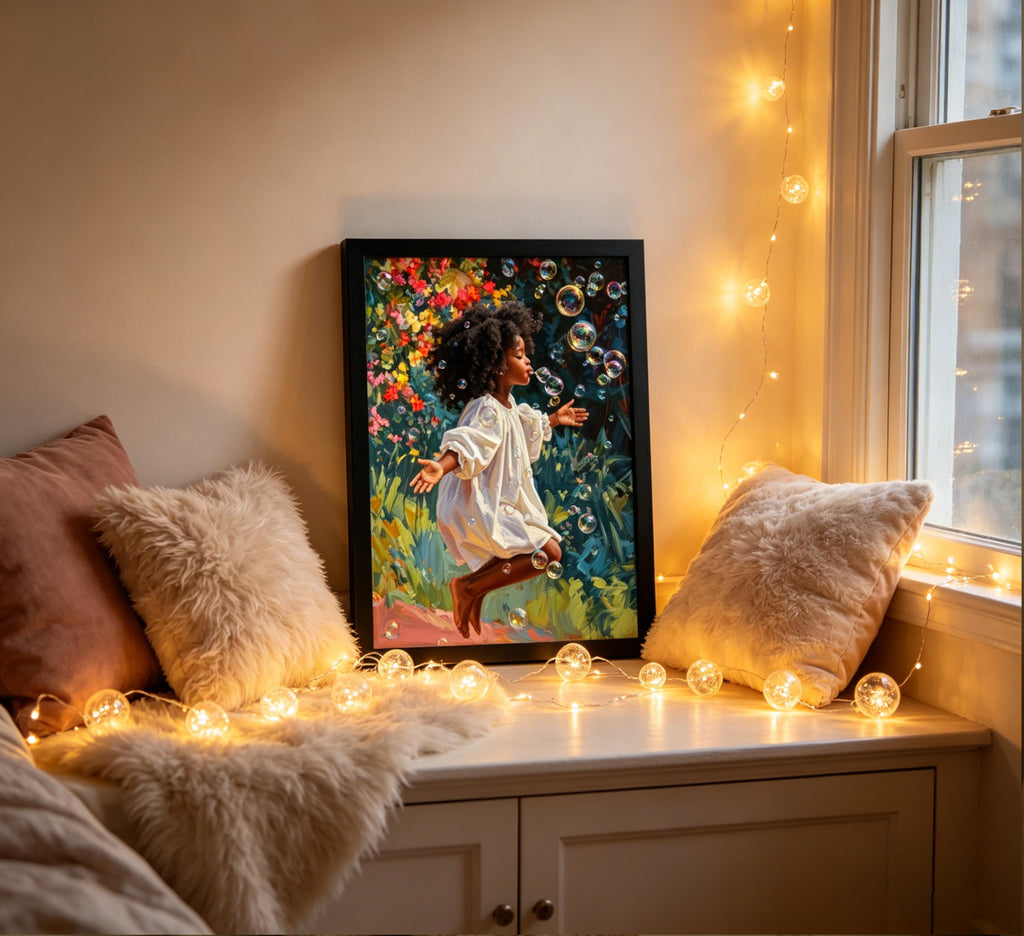 Framed Black Gir Wall Art, Beautiful Bubbles Painting Canvas Prints, African American Picture Wall Decor, Elegant