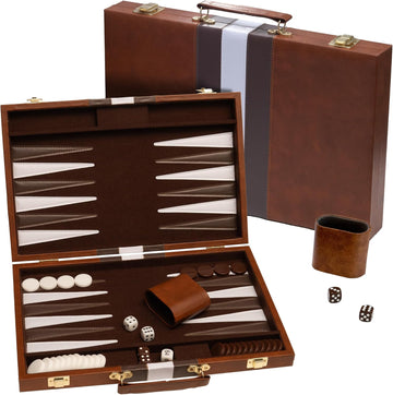 Backgammon Board Game, Deluxe Leather Like Case, Felt Interior, Brown, Classic Backgammon Game, Popular Board Game