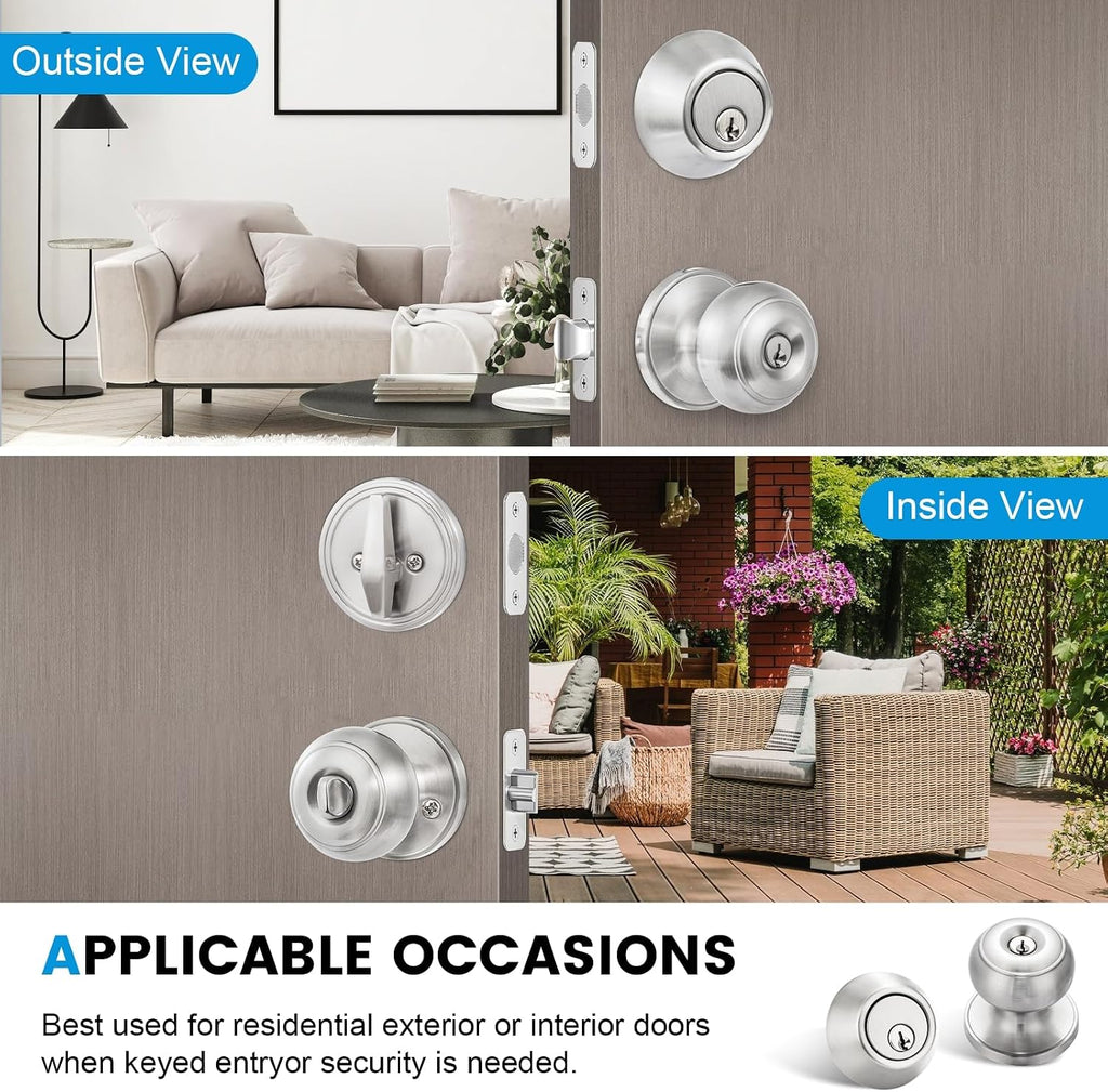 3 Pack Entry Door Lock and Single Cylinder Deadbolt Combo Set, Keyed Alike Satin Nickel Exterior Door Knobs with